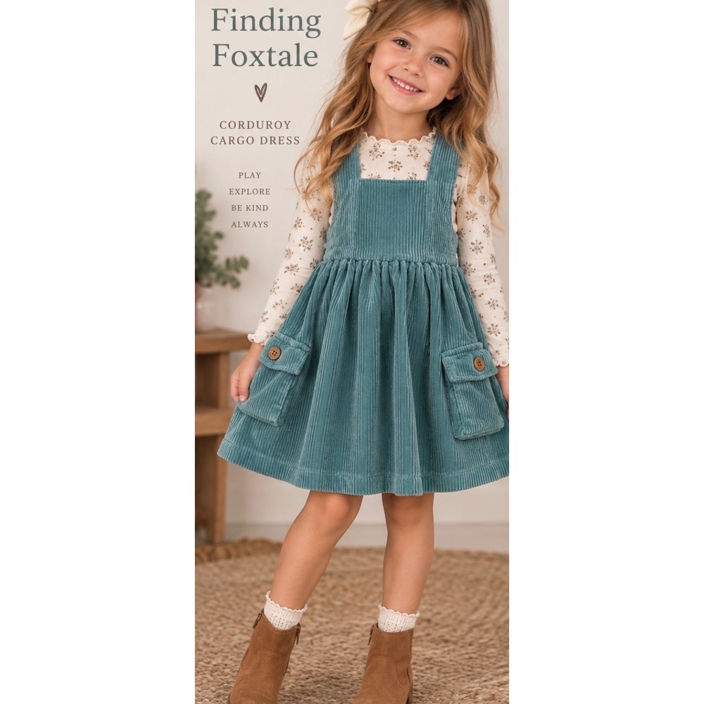 Finding Foxtale Girls Teal Corduroy Cargo Pocket Dress Size 6 Pinafore Overall